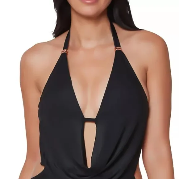 Bar III Black One-Piece Halter Swimsuit with Cowl Front, Size Small